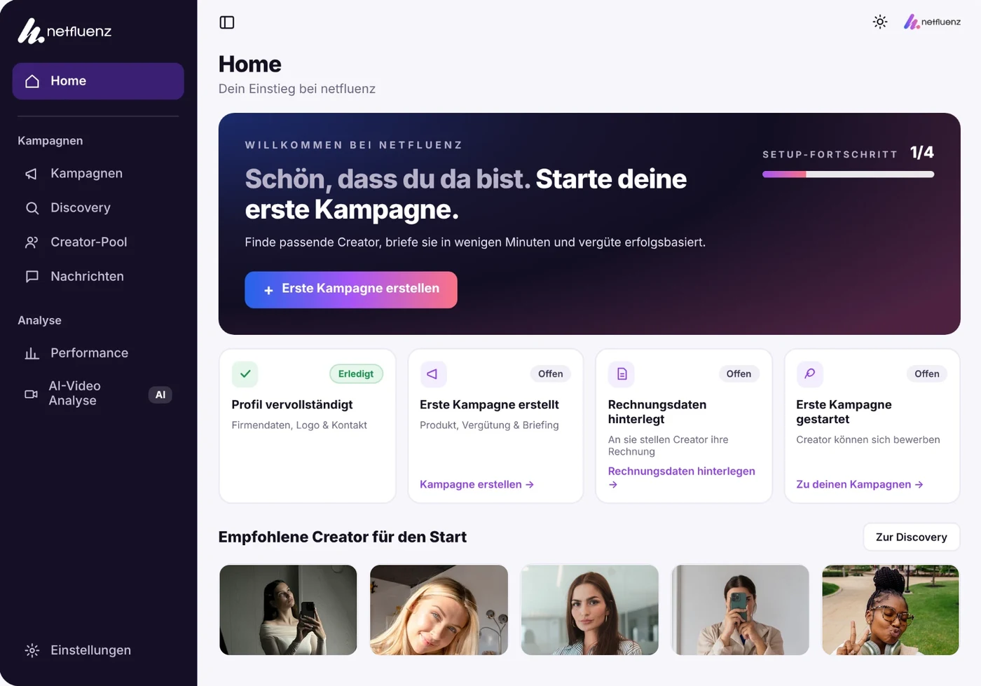Netfluenz Plattform Dashboard